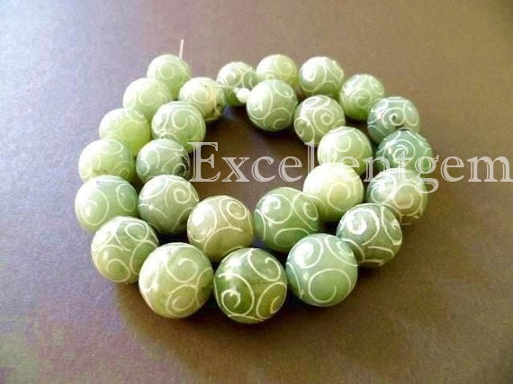 Full strand Hand-carve nature jade bead in green color-15mm