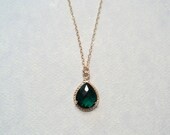Emerald green glass and gold tear drop pendant gold fill chain necklace.  Bridal necklace.  Bridesmaid necklace.  Wedding jewelry.