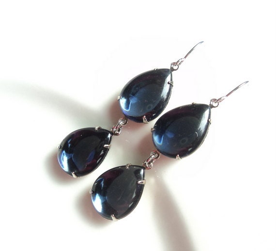 Sapphire blue vintage glass double stone tear shape silver dangle earrings.  Old Hollywood.  Bridal earrings.  Wedding earrings.  NEW ITEM.