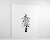 Holiday Decor of a Modern Christmas Tree Black Christmas Tree Linocut 8x10 Printmaking - RetroModernArt