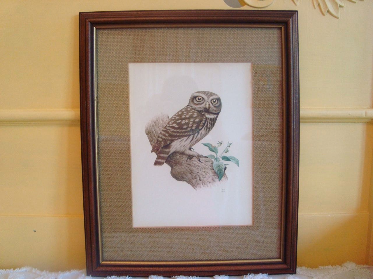 Vintage Framed Murr Burrowing Owl Print Dated 1958 with Burlap Matte Ready to Hang