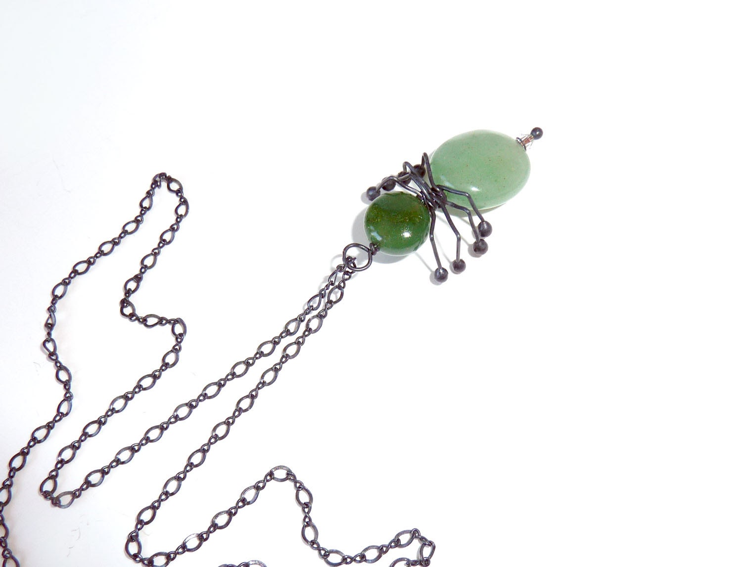Green Spider Necklace - Moss Agate and Green Aventurine Oxidized Sterling - Spider Jewelry -  Tagt Team - Tagt
