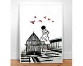 LOVE IS FREEDOM 12" X 17"  Black and White, Wall Art, Home Decor, for her, for kids, Fashion Illustration Modern Art , typographic poster
