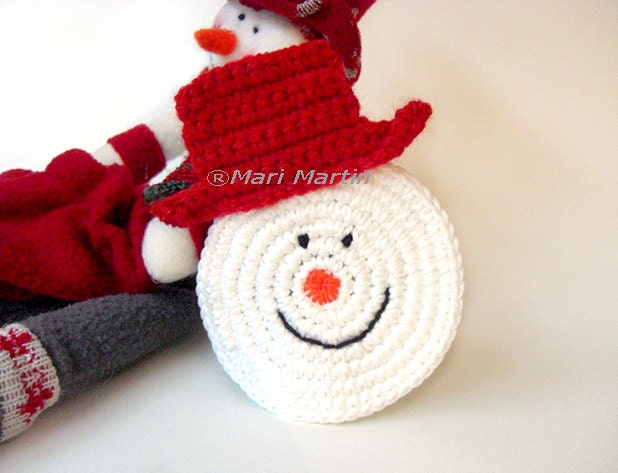 Crochet Coasters Snowman . Beverage Drink Winter Decor Crochet Christmas Collection - Set of 2