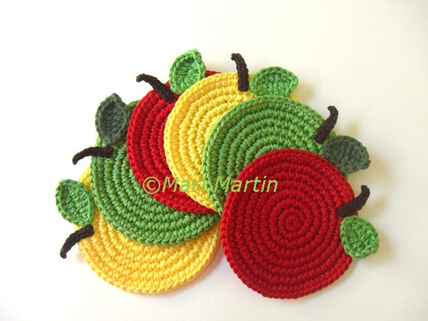 Apple Crochet Coasters Mix . Kitchen Decor Drink Healthy Vegan Decor Crochet Fruit Collection - Set of 6