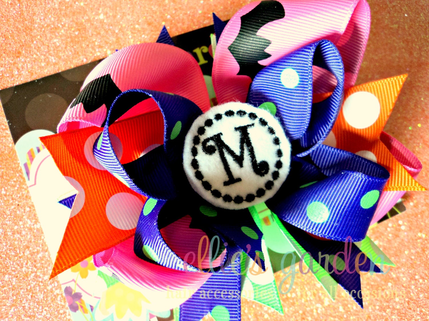 Embroidered Halloween Monogrammed Initial Boutique Layered Bow Orange Pink Purple Green