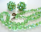 Vintage Green Crystal Iridescent Bead Earrings & Necklace Demi Parure Set by Les Bernard