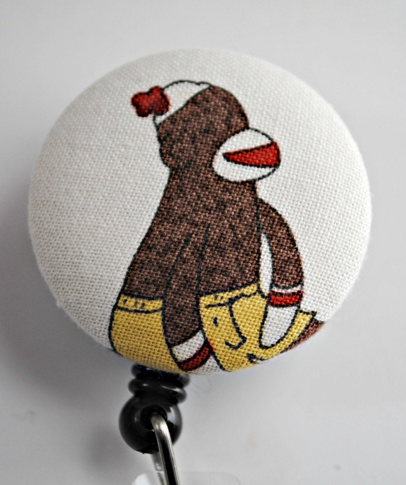 White PJ Sock Monkey Fabric Covered Badge Reel, ID Holder OR Keychain