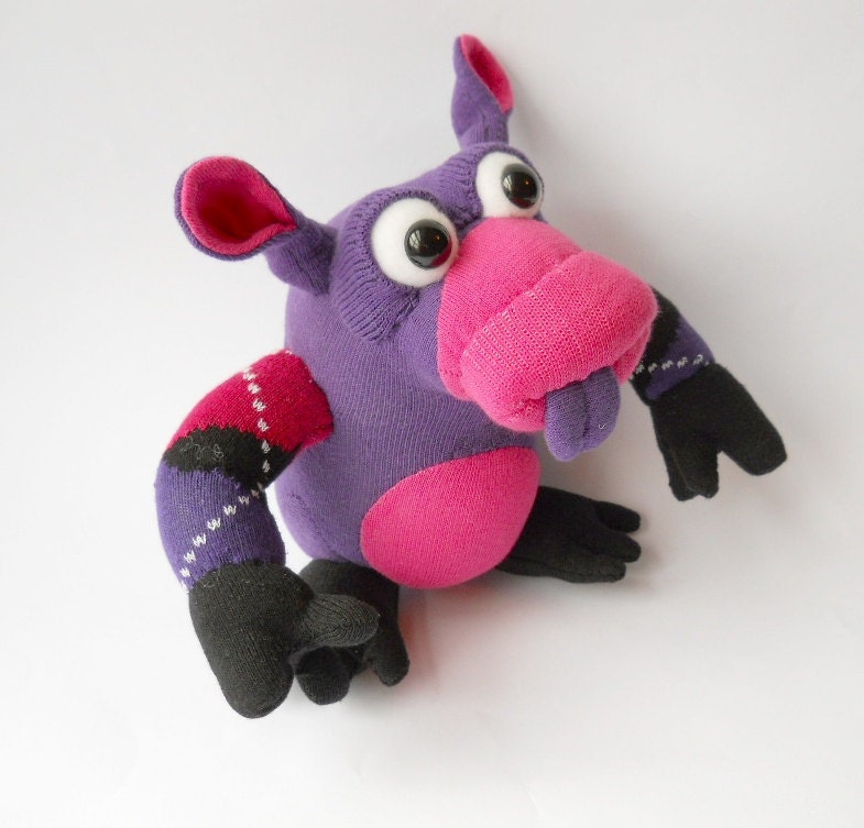 sale plush monster sock animal sock creature  pink purple called Raspberry