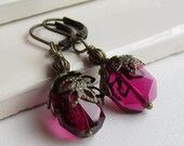 Ruby Red Crystal Victorian Earrings. Antique Brass Filigree Leaves. Swarovski Graphic Crystals.