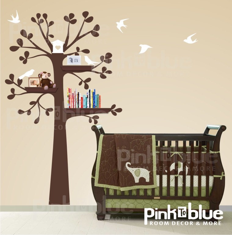 Wall Decals - Shelf Tree with birds- Baby Nursery Decals