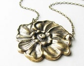 Brass Flower Necklace, Antiqued Gold Plated Charm - Flower Necklace, Vintage Style, Fashion Jewelry