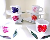 Peonies 13-Piece Espresso Set- 6 Cups and 6 Saucers with Display Stand