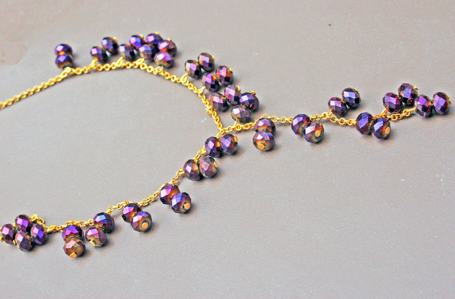 Crystal Necklace gold plated chain metal birthday for her tassel sparkle beaded beadwork strand lariat pink purple magenta violet amethyst