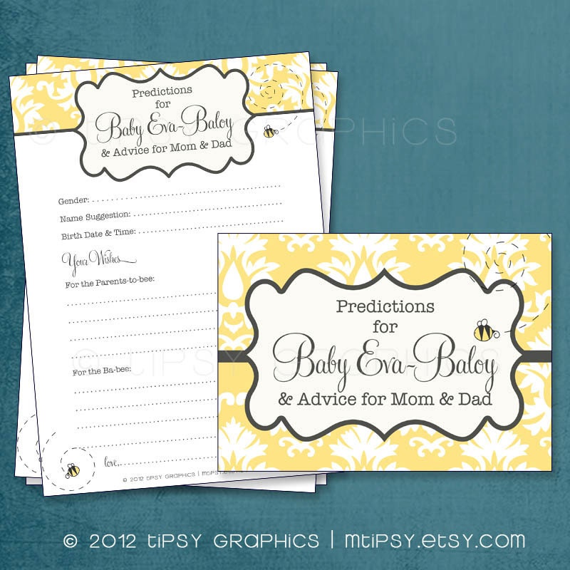 Soft Damask Bumble Bee Themed Baby Wishes & Predictions by Tipsy Graphics. Madlib. AdLib. Baby Wishes. Baby Statistics. Printable Cards Il_570xn