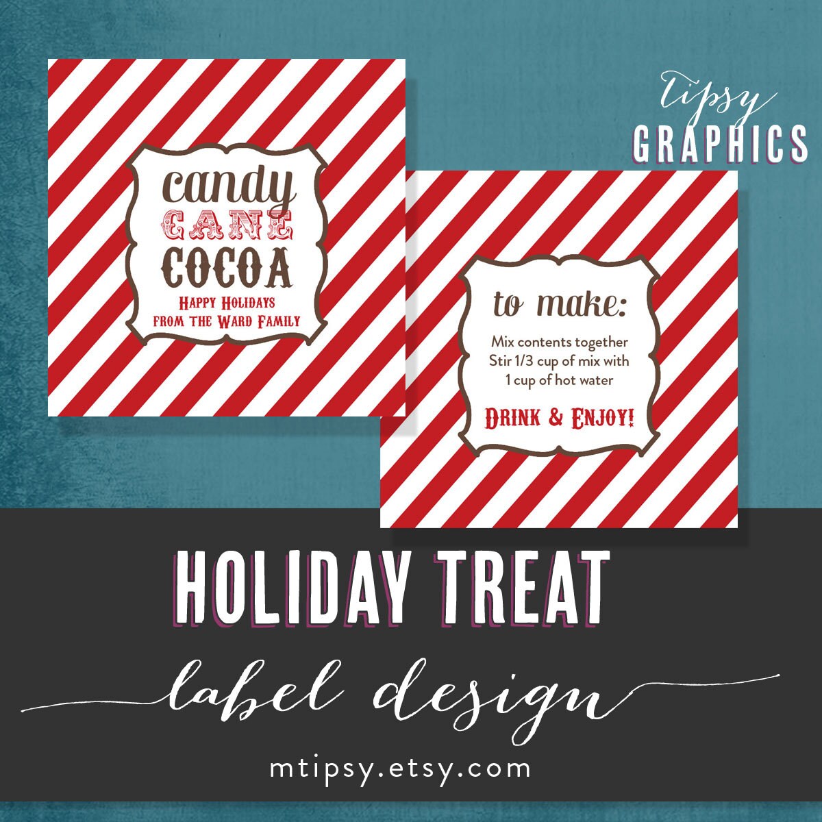 Peppermint Hot Cocoa.  Stripes Holiday Treat Sticker or Tag. Any colors.  Front & Back Digital File by Tipsy Graphics