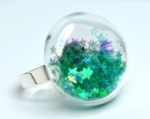 Teal star glitter in round blown glass silver tone Ring