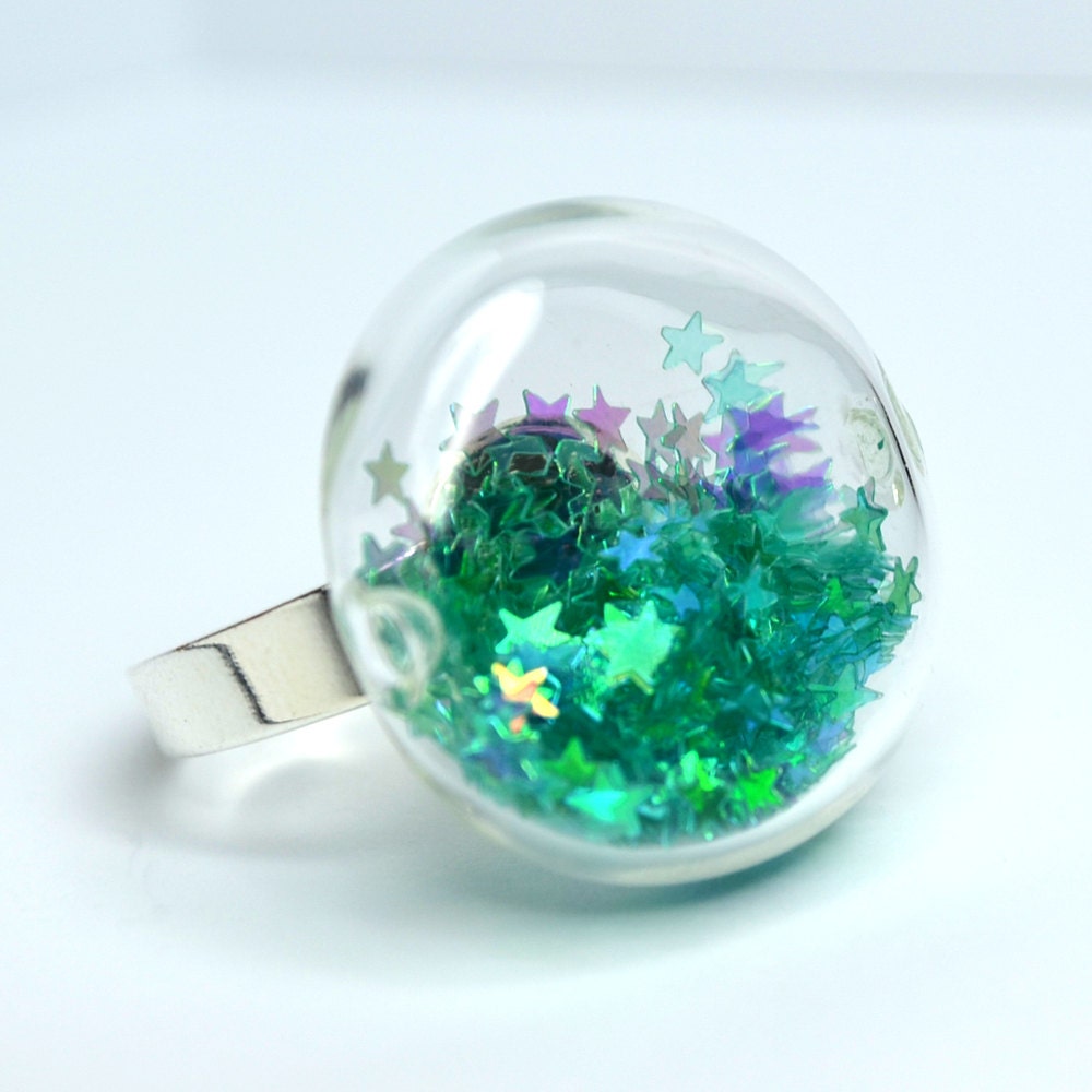 Teal star glitter in round blown glass silver tone Ring - thestudio8