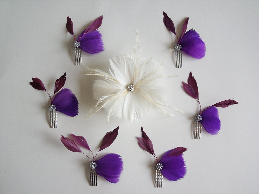 Ivory Feather Flower and Sangria and Purple Bridal Party Hairpiece Set