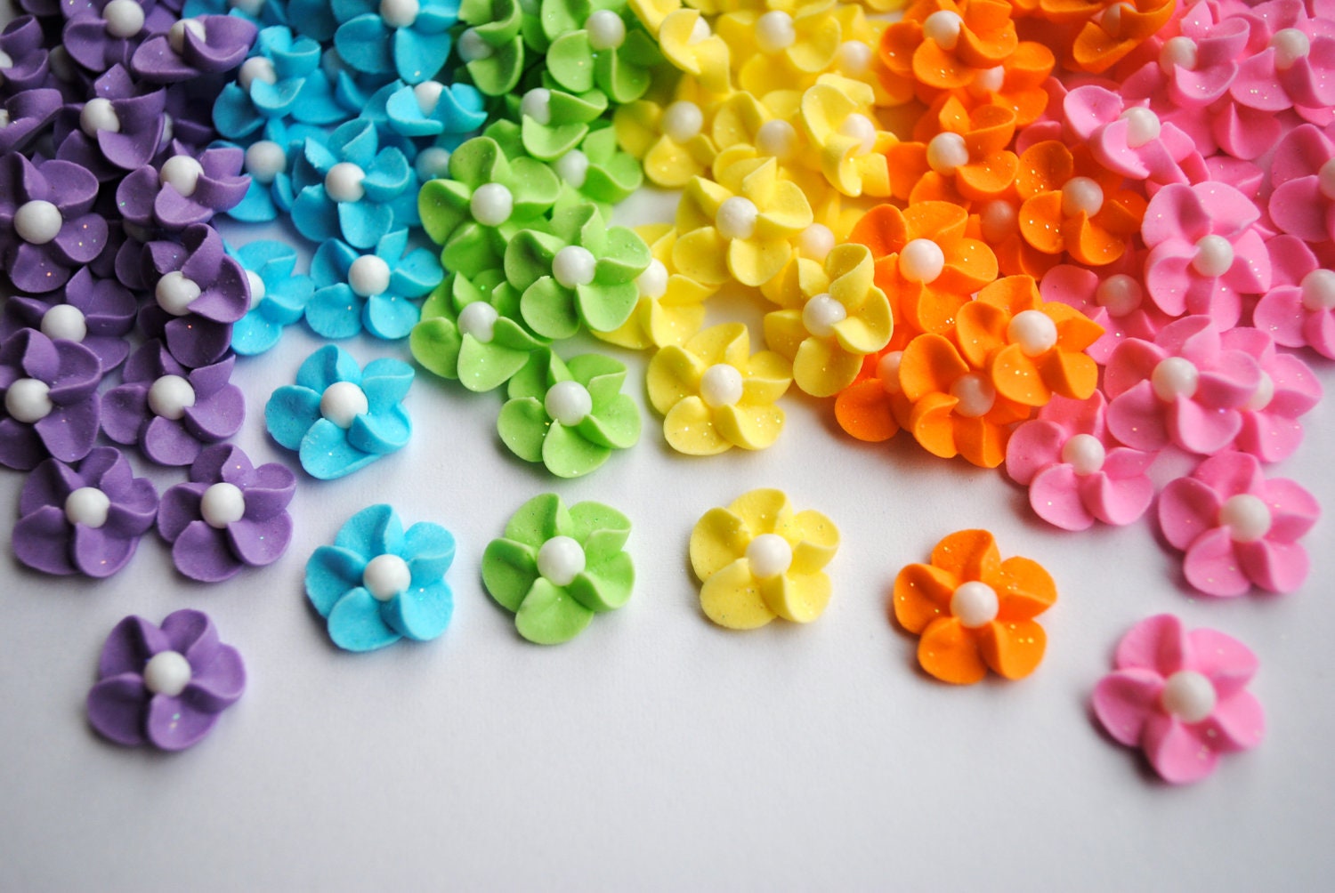 Royal Icing Flowers-  Pastel Rainbow Sparkle Mix (120) w/ White Sugar Pearl