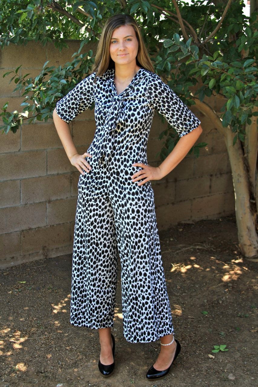 1960s vintage animal print palazzo pants jumpsuit - wide legs - s m - LeVoy's