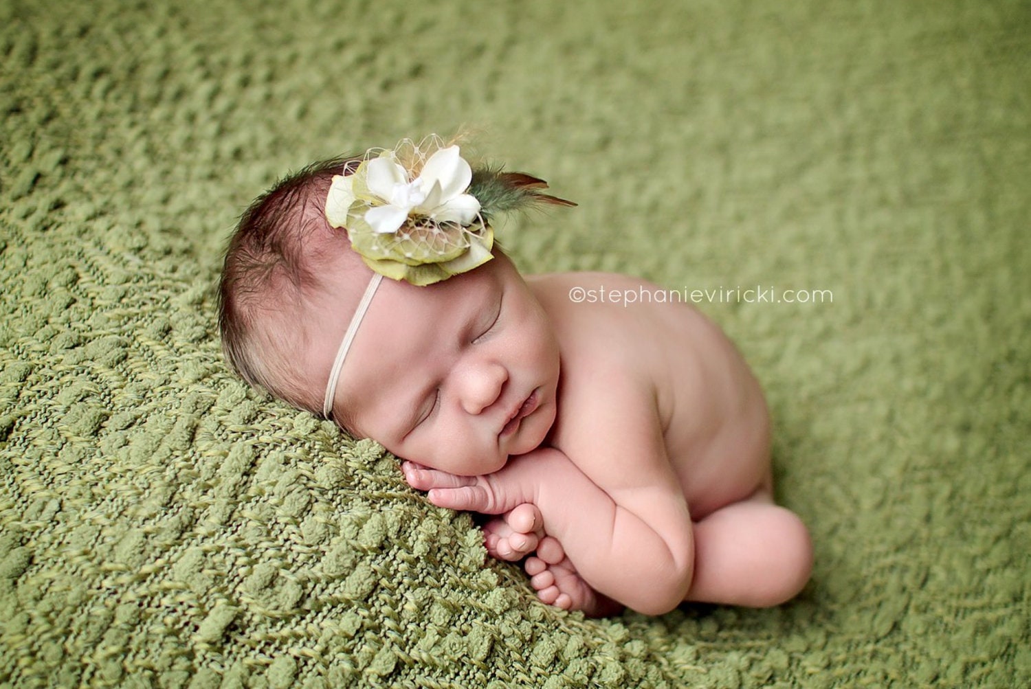 Deluxe Green and cream flower headband