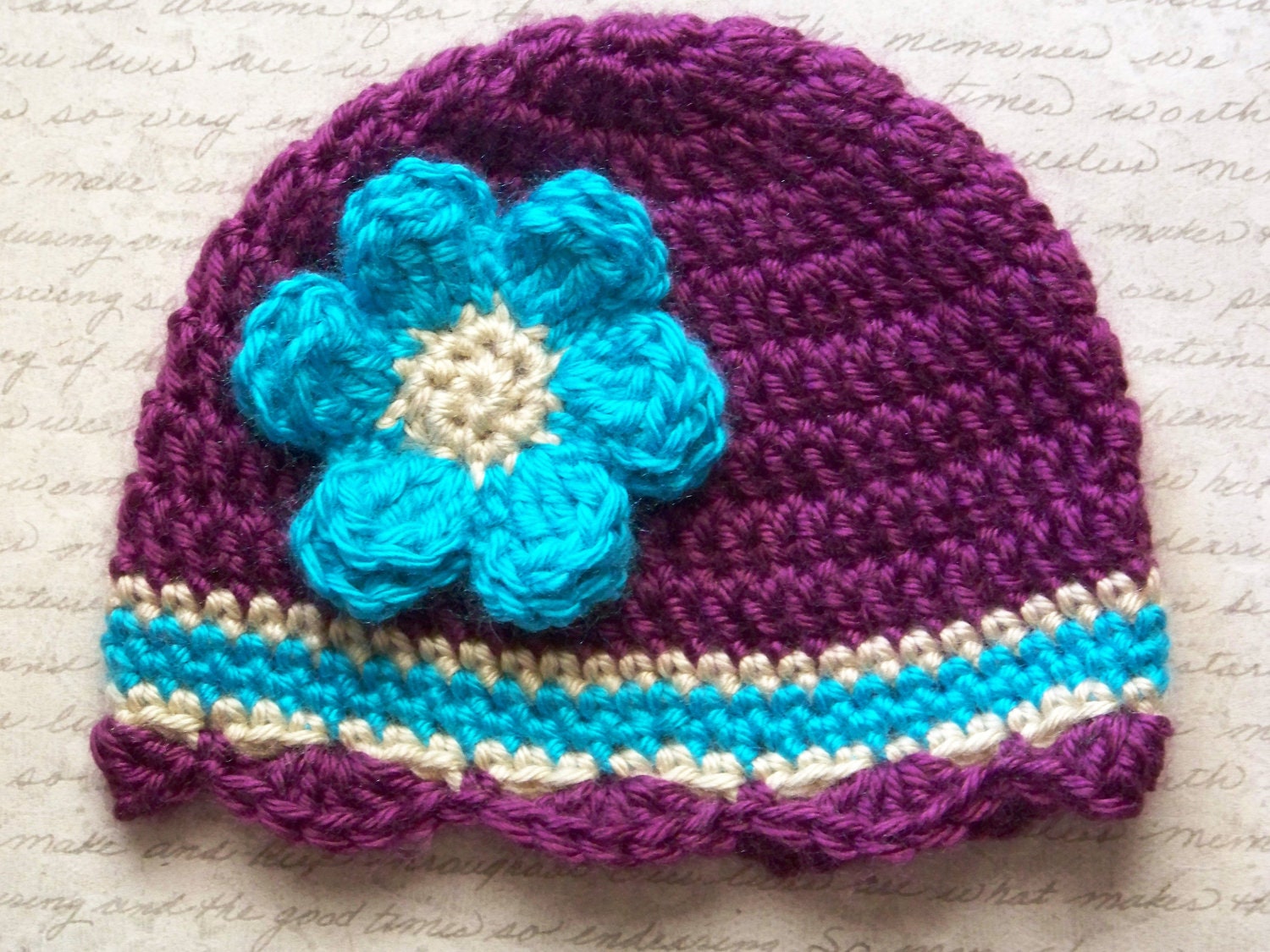 Free Gift-Crochet Baby Hat,Newborn Baby Hat, Infant Baby Hat,Baby Girl Hat, Plum-Turquoise, Gift, Photo Prop