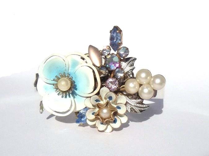 Something blue bridal bracelet - wedding cuff - vintage collage shabby chic style - bridesmaids gift