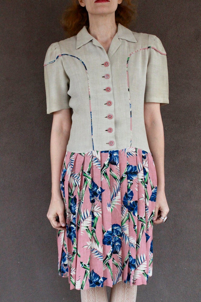 Vintage RARE 1940's Dress PEARL HARBOR Linen and Hawaiian Print Day Dress