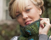 Eco Friendly - Crochet Neckwarmer -moss green -scarf- buttoned- cowl- warm - DecoEcoShop