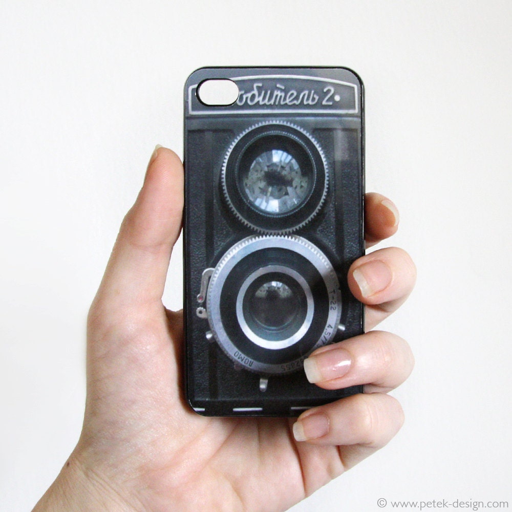 Vintage Camera iPhone 4 Case. Whimsy Gadget Accessory for iPhone 4 4s. Geekery Unisex Christmas gift for men, Black Twin Reflex Camera