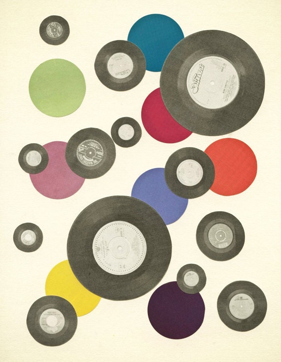 Put Another Record On - Music art, mid century modern, abstract, vinyl records, gift for man, music room decor 8x10 collage print