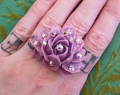 SALE Was 22 NOW 16 // Amazing Sweet Lolita Boho Gypsy Lavender Rose Ring Sprinkled w Fairydust // Swarovski AB Crystals Girly  Alice Garden