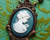Dark Teal Green and White Victorian Cameo Necklace with Square White Faceted Agate Gemstones and Antiqued Brass Findings //  Downton Abbey