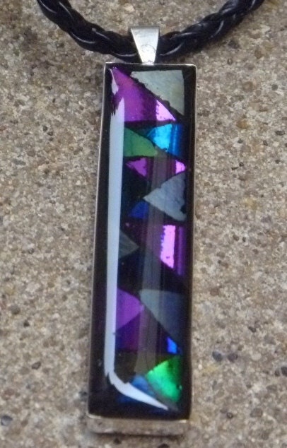 Hand cut iridescent triangles glass mosaic pendant purples, blues, greens and more