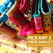 Set of 3 Anklets / Cuff Bracelets - Colorful, Bohemian, Gypsy, Navajo, Ethnic, Tribal, African, Folk Styles with Pompom