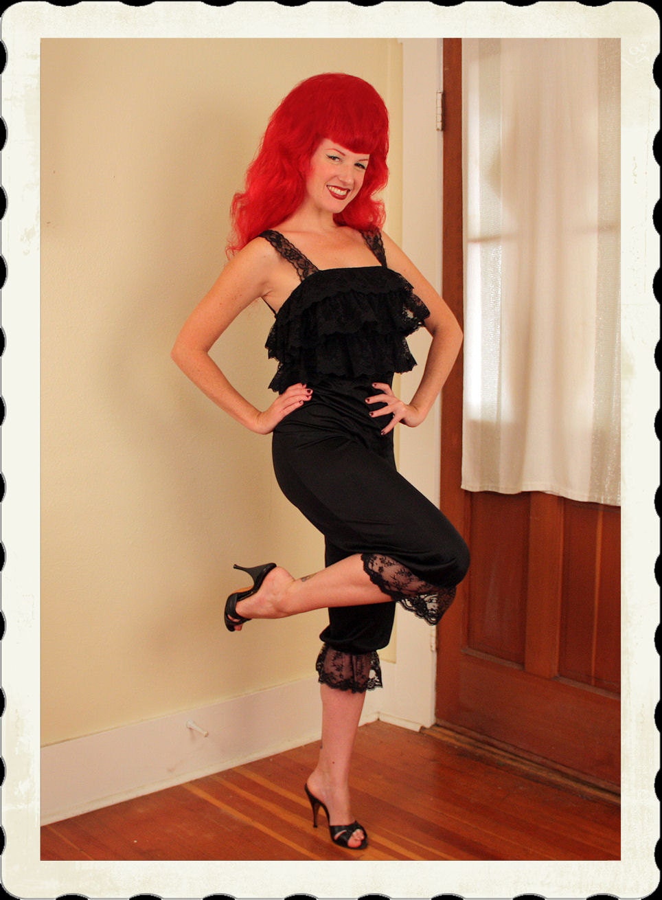 Deadstock CHA CHA Bed-Time Early 1960's Inky Black Nylon & Lace Ruffled Bust One Piece Nightie Jumpsuit w/ Capri Legs - Pinup - Size L to XL