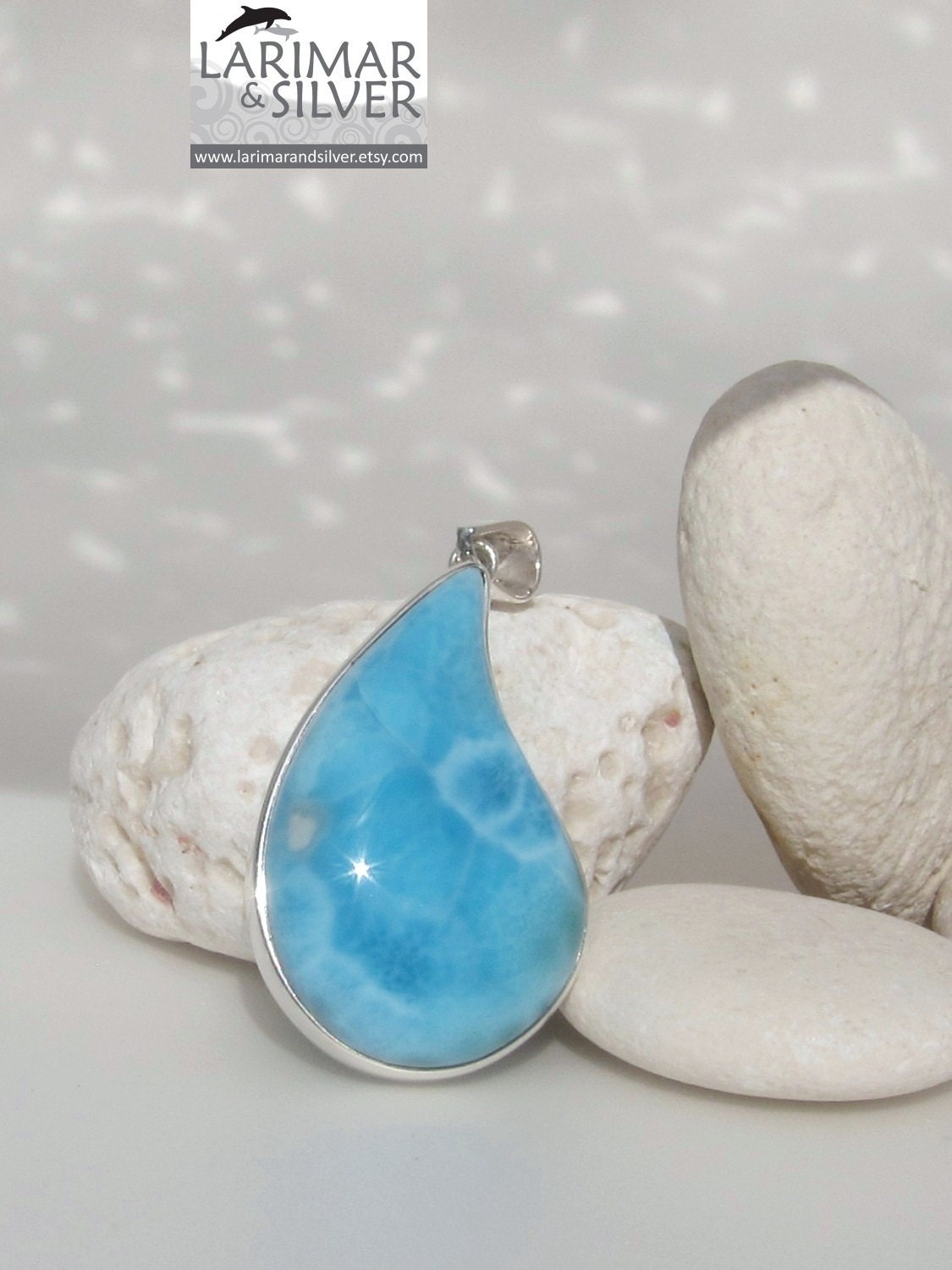 New Larimar pendant, Tropical Paisley - beautiful turquoise blue Larimar gemstone