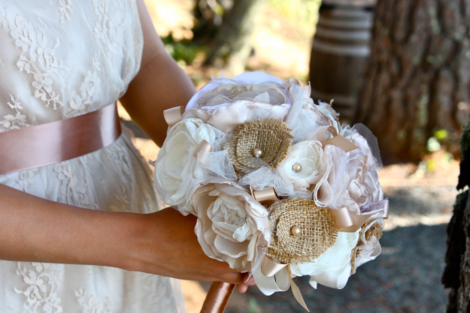 Special Order for Felicity--Wedding Organza Bridal Bouquet in Ivory, Champagne, and Caramel Brown with Burlap
