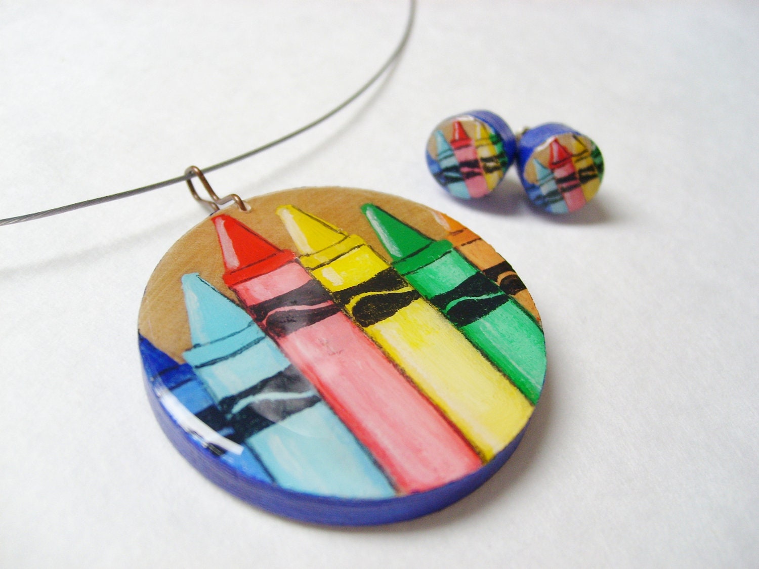 Teacher Appreciation Gift Set  - Crayon Necklace and Stud Earrings, Hand Painted Wooden Jewelry
