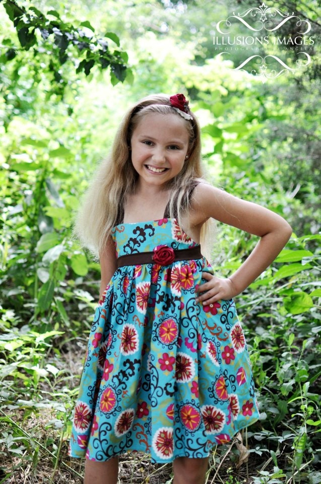 Turquoise and Brown adjustable strap Girls Dress