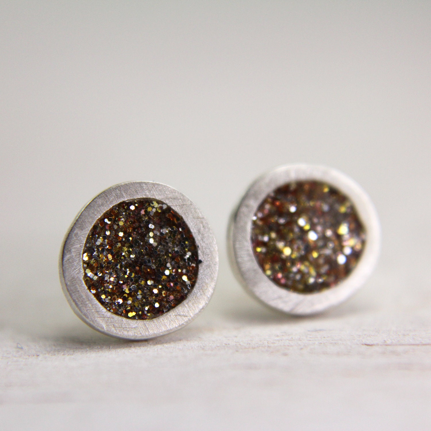 fine silver post earrings with gold sparkles - organic post earrings - sterling silver