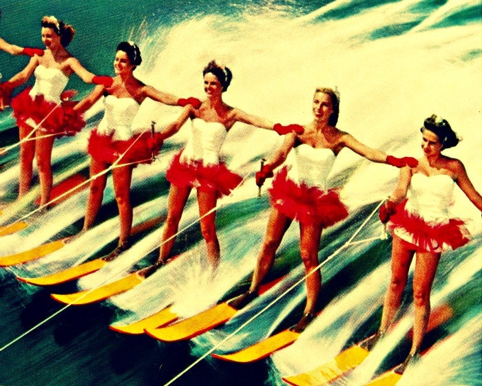 Color photograph, WATER SKI GIRLS, beach art, 11x14 print, beach house decor, vintage skiing, Florida tourist attraction, retro red, yellow