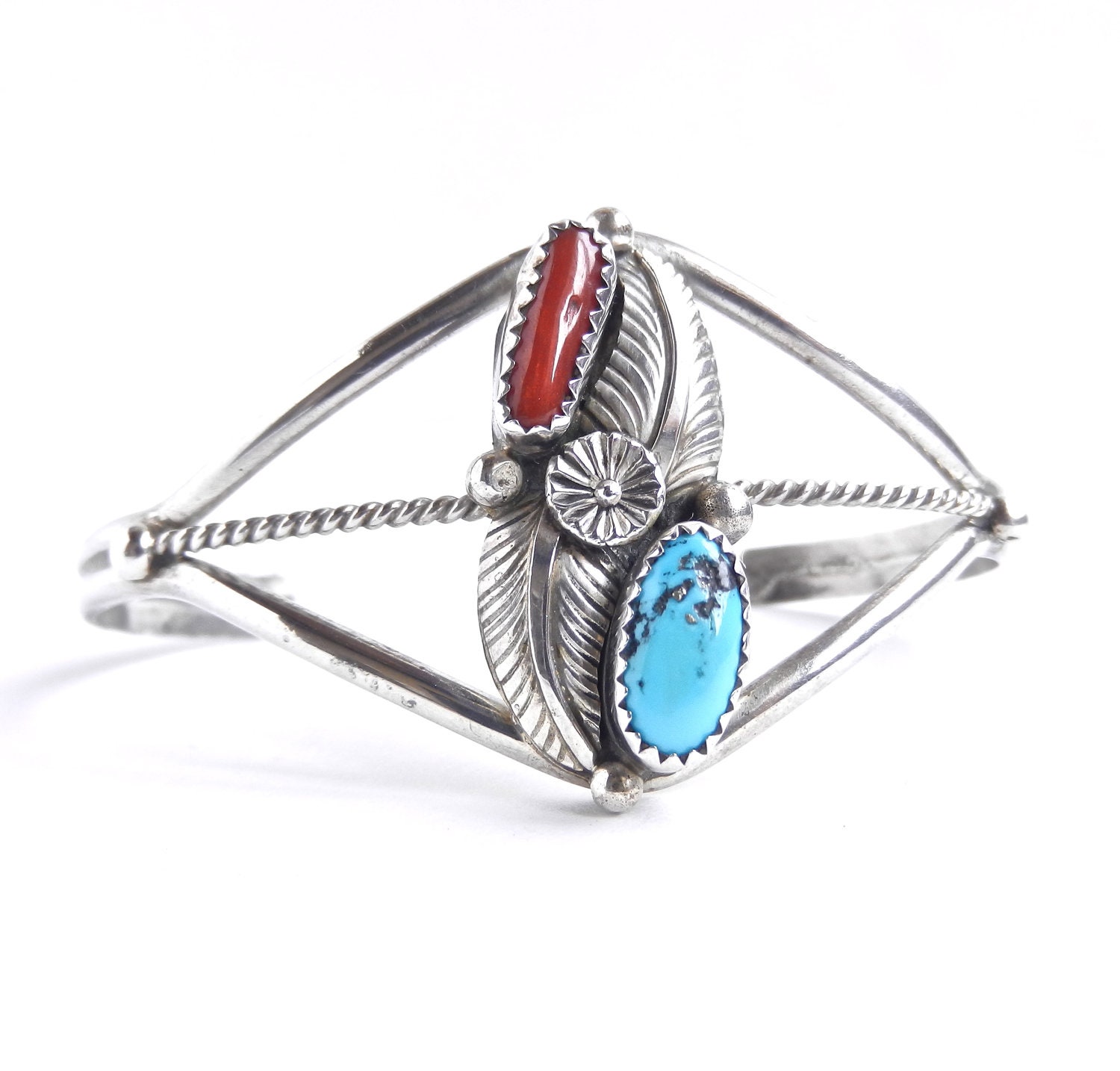 Sterling Silver Native American Cuff Bracelet - Coral & Turquoise Jewelry / Tribal Cuff