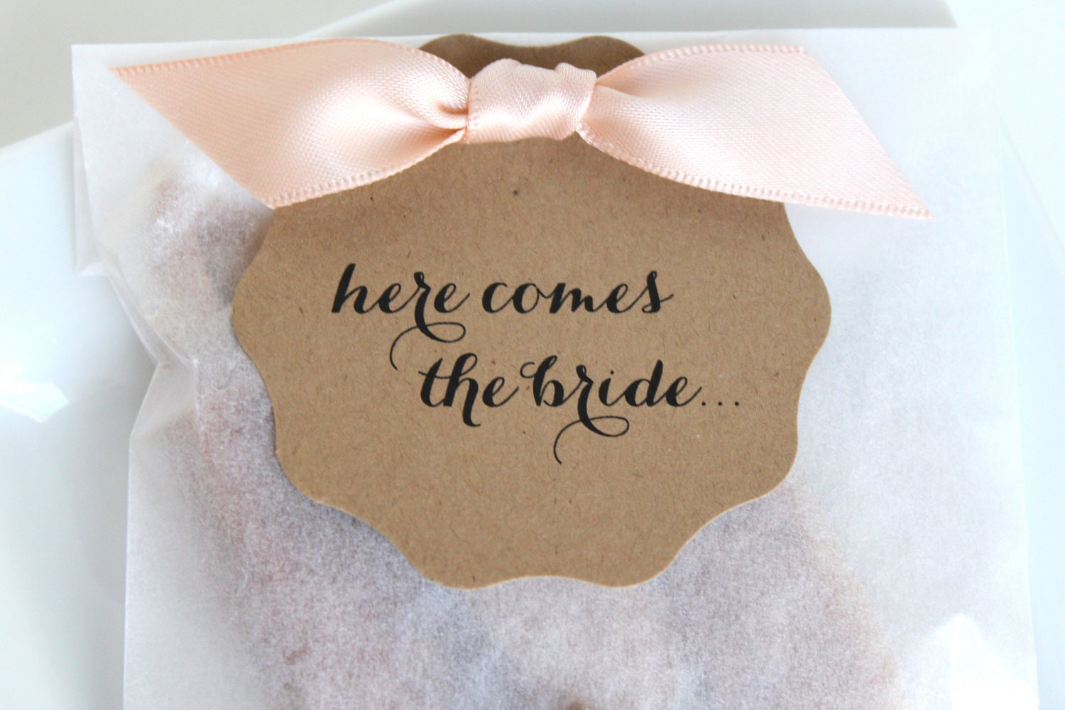 Here Comes the Bride Shower Favors - Fleur de Sel Caramels in Eco Friendly White Glassine Envelopes - 25 Guests