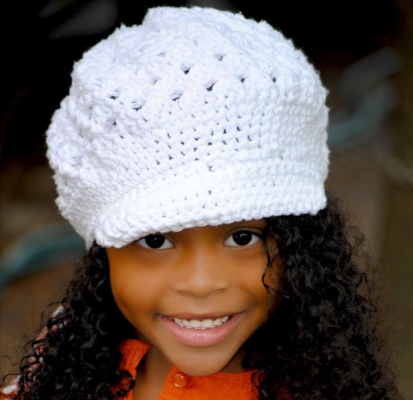 Girls Clothing Accessories, Hats, Girl Crochet Newsboy Cap Beanie Hat with Visor, Girls Newsboy Cap, Girl Hat  - White Cotton
