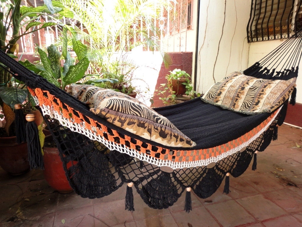 Black two lines Hammock, Hand Woven Natural Cotton with Special Fringe