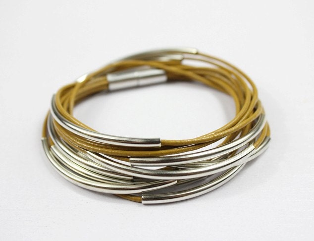 Mustard Leather Bangle Bracelet/Silver Tubes Wrap Bracelet/Magnetic Z553