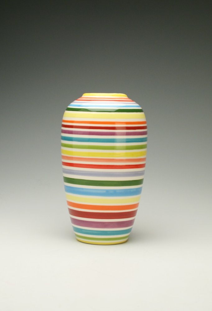 Colorful Striped Vase Hand Painted Yellows Oranges Reds Purples Blues Greens