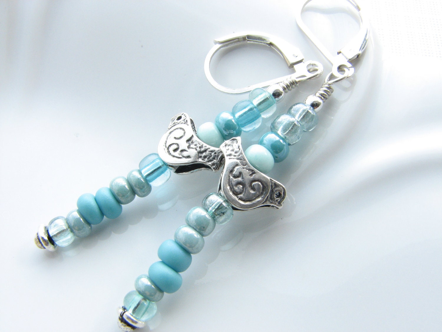 Turquoise blue aqua dangle earrings silver bird beaded earrings sterling silver